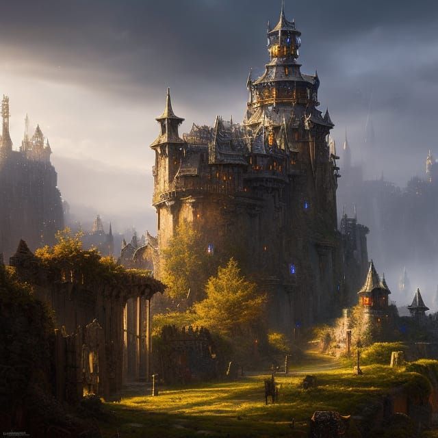 Armored Maine Coon Knight in Ethereal Castle Scene