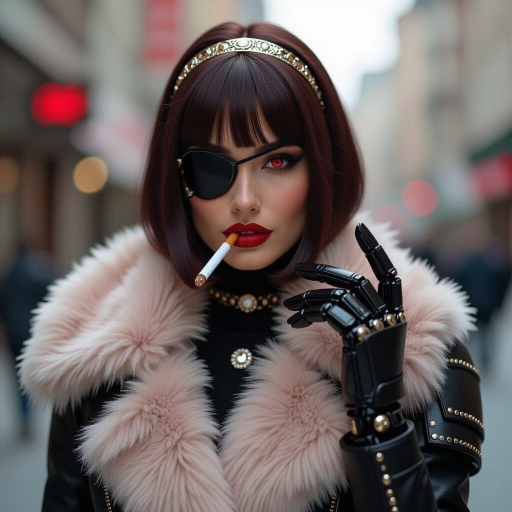 Elegant Woman with Mechanical Augmentation and Ruby Eye