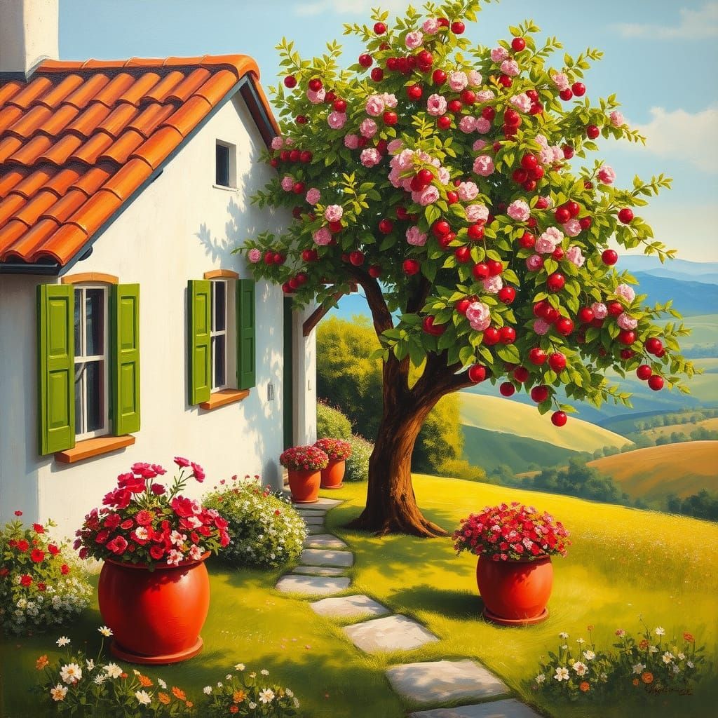 Charming Cottage in a Vibrant Garden Scene, in Impressionist...