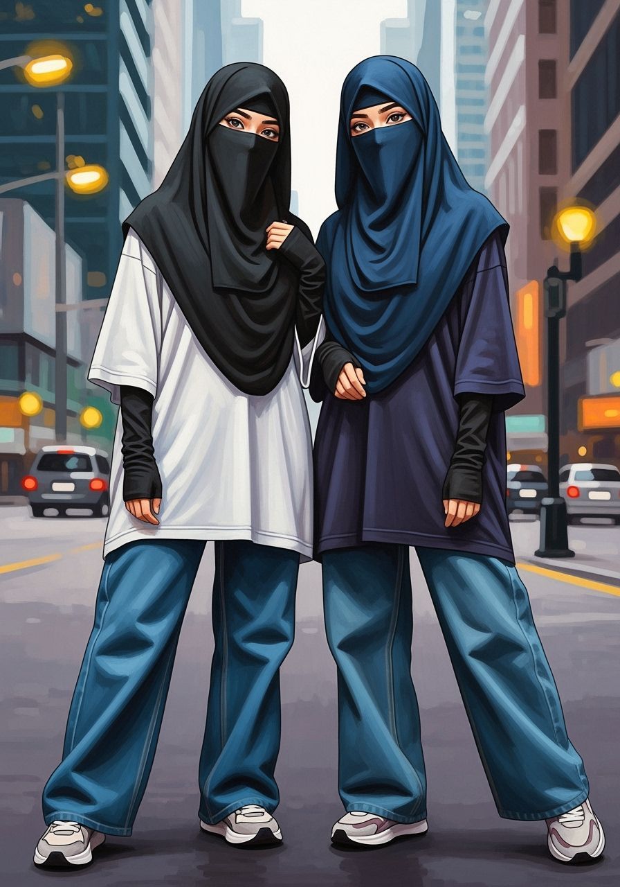 Modern Painting of Niqabi Girls in Urban Setting