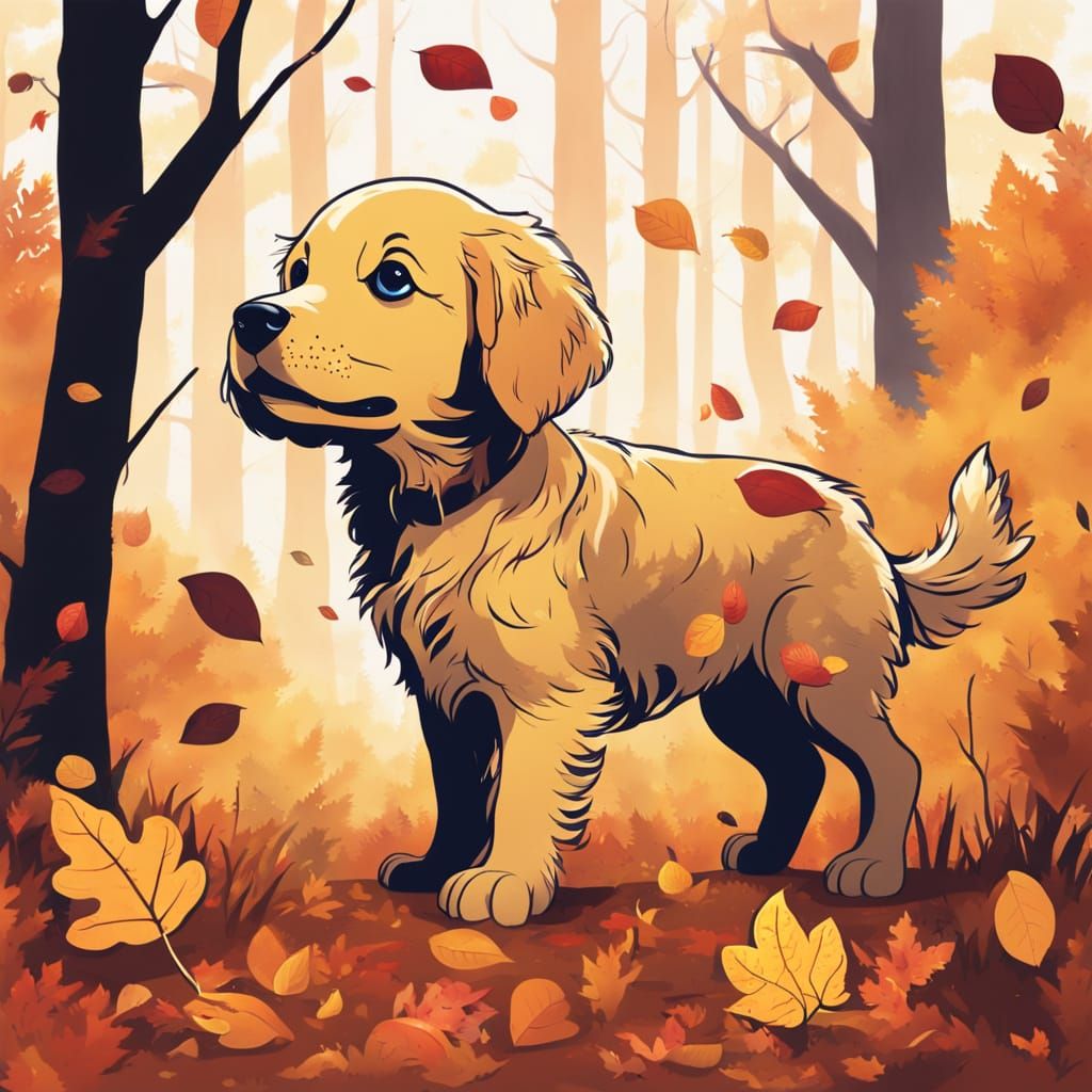 Golden Retriever Puppy Enjoys Autumnal Woods
