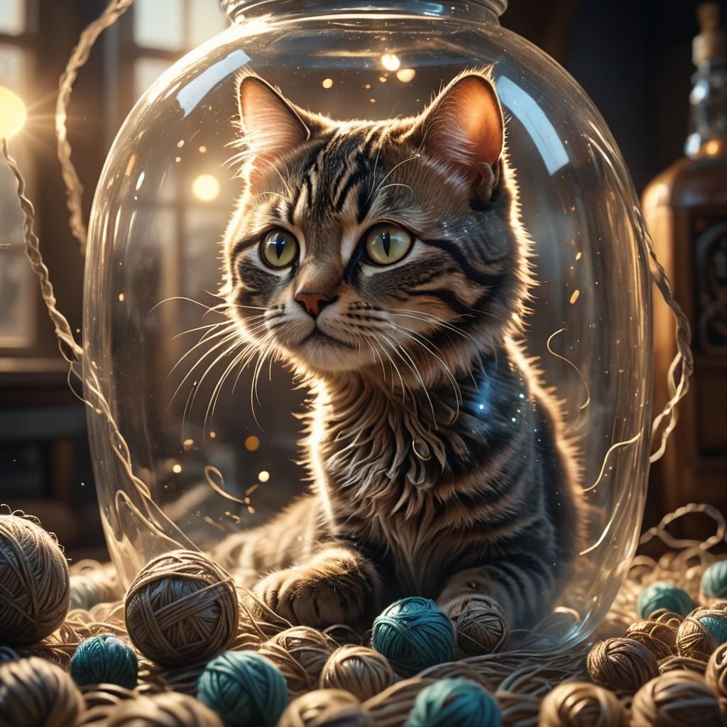 Tabby Cat Imprisoned in Glowing Bottle with Yarn