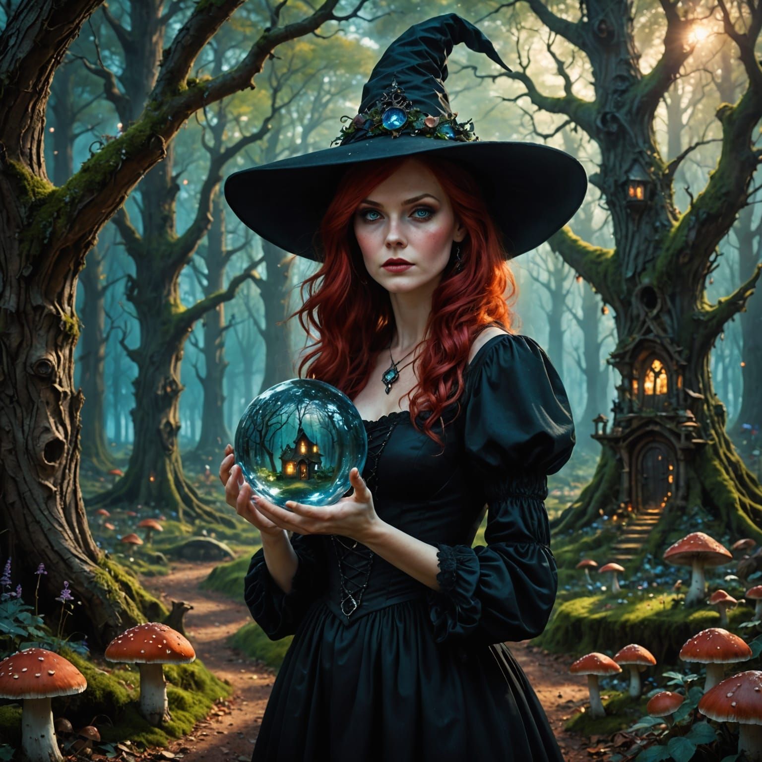 Sinister Witch With Enchanted Crystal Ball in Spooky Forest
