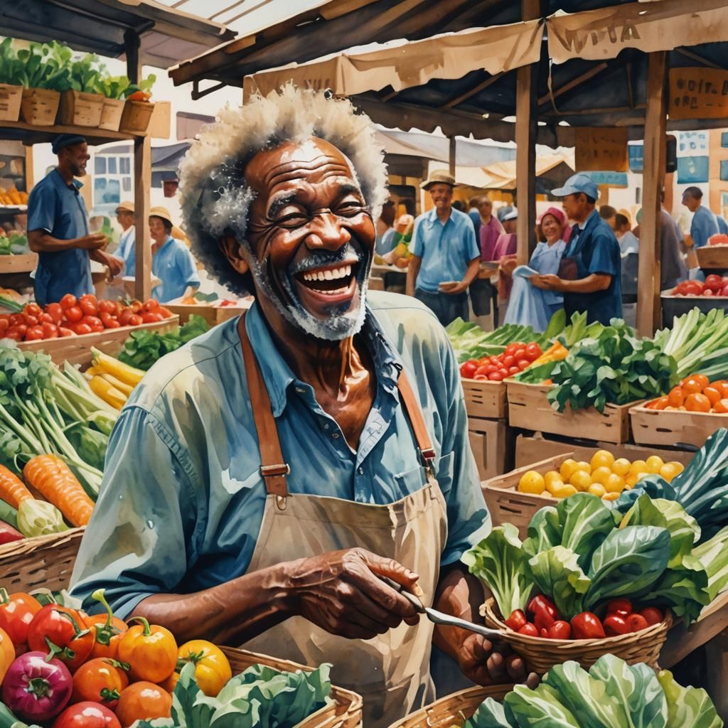 Laughing Man in Market: Gouache Watercolor Impressionist Sty...