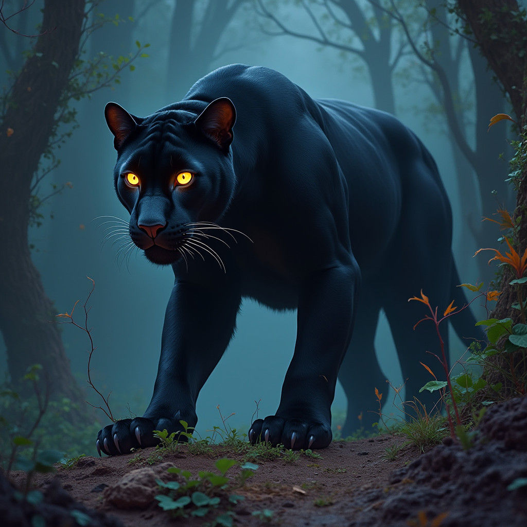 Mystical Black Panther in Dark Fantasy Forest