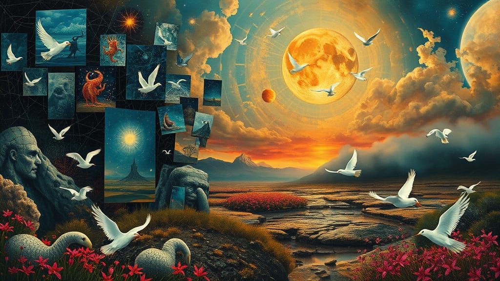 Surreal Dreamlike Collage with Mythical Creatures