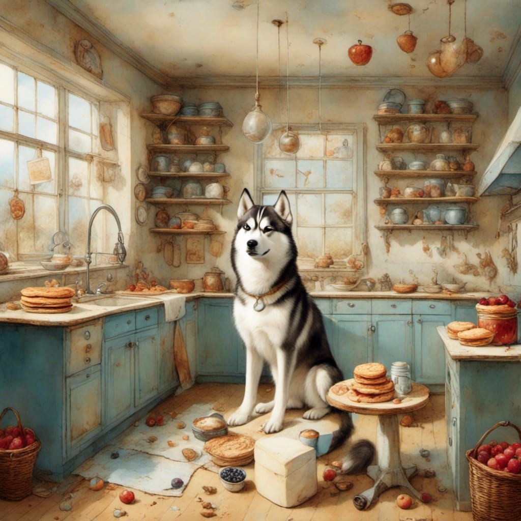 Husky Enjoys PB&J Sandwich in Kitchen