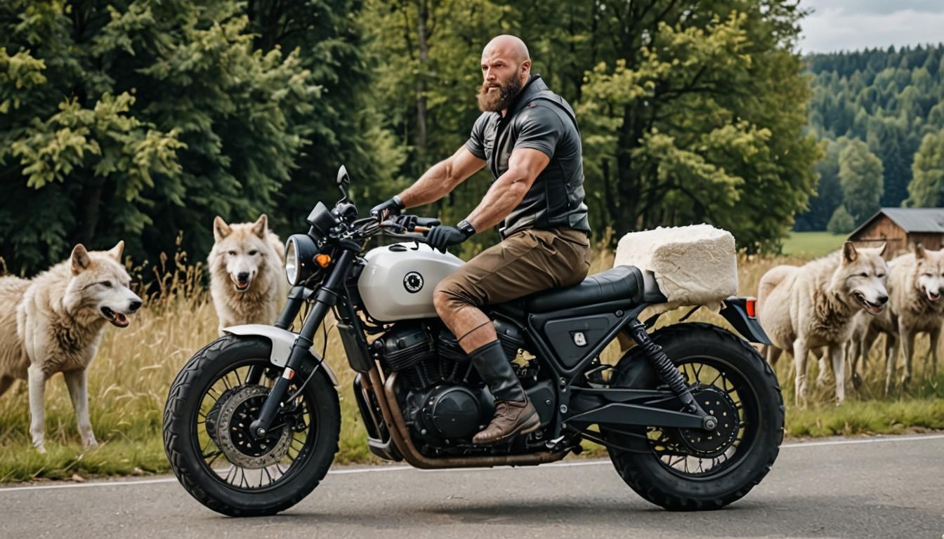 Bavarian Biker: Muscular Man on Motorcycle in 8k