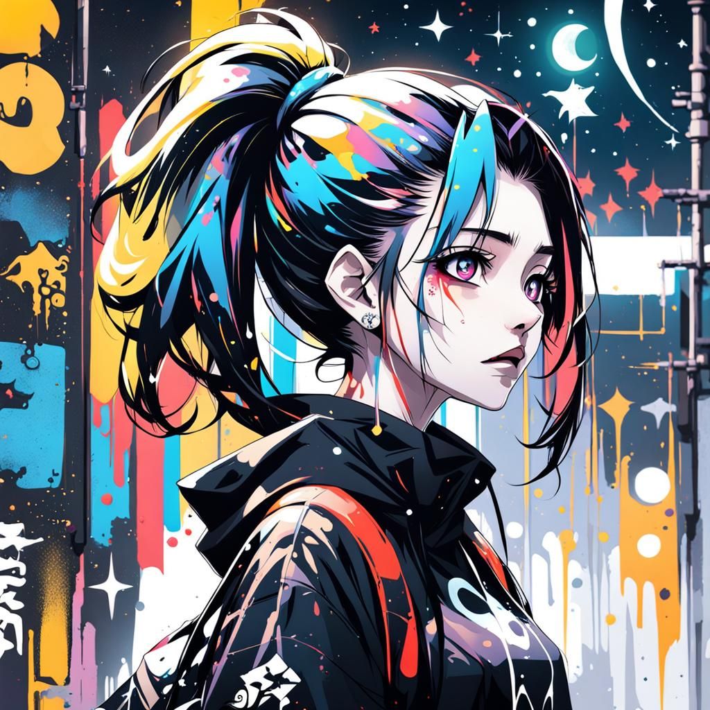 Goth Anime Girl Stargazing in Graffiti Art