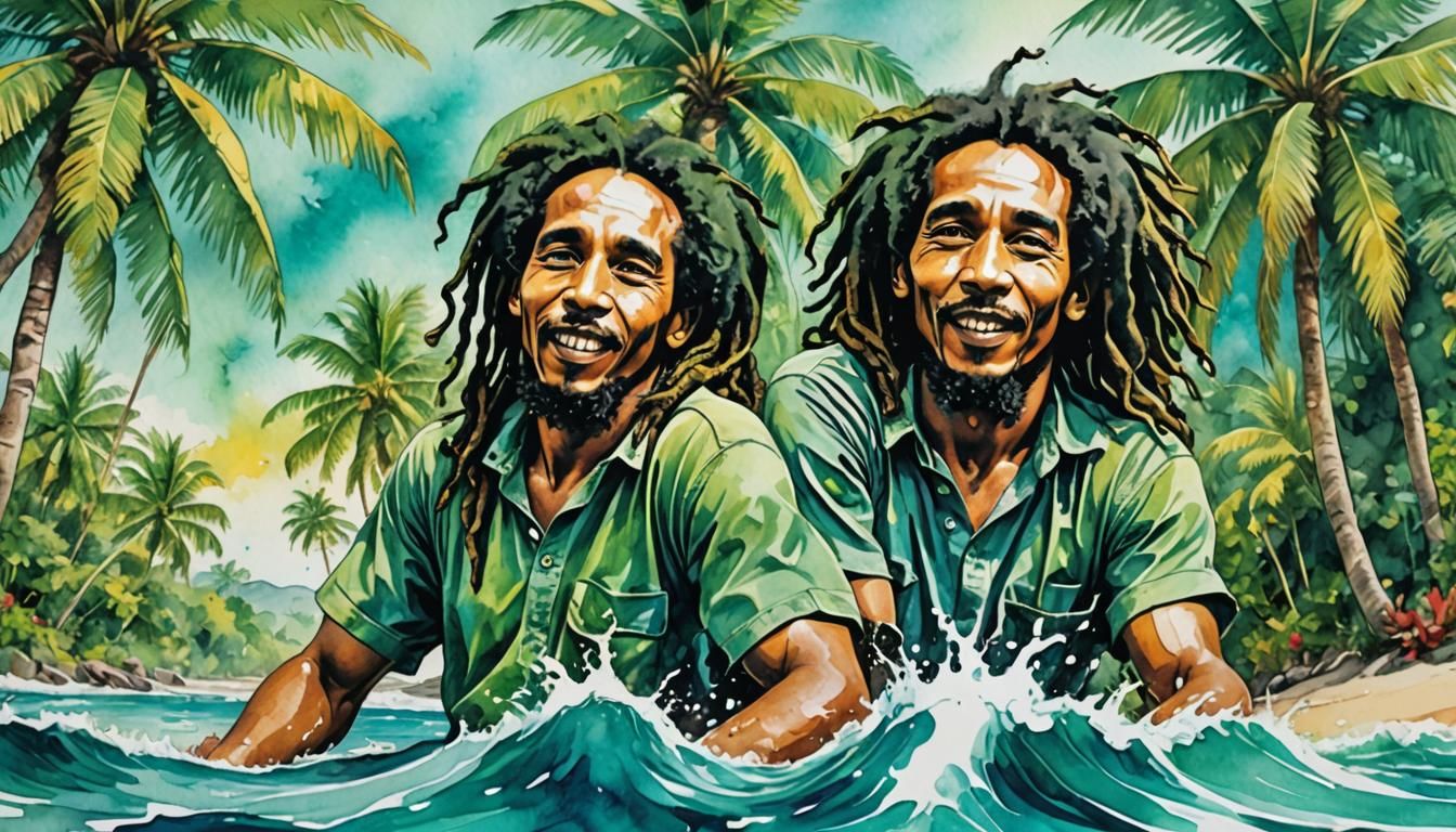 Bob Marley on Jamaican Beach in Pop Art Style