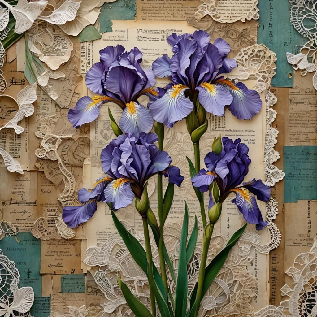 Iris as Mixed Media Paper Collage Painting