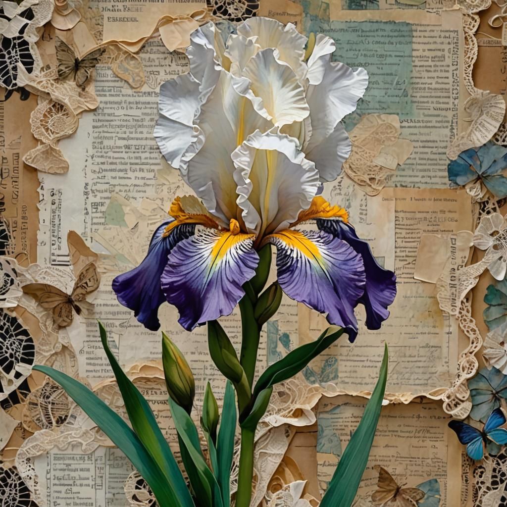 Iris Mixed Media Paper Collage Painting
