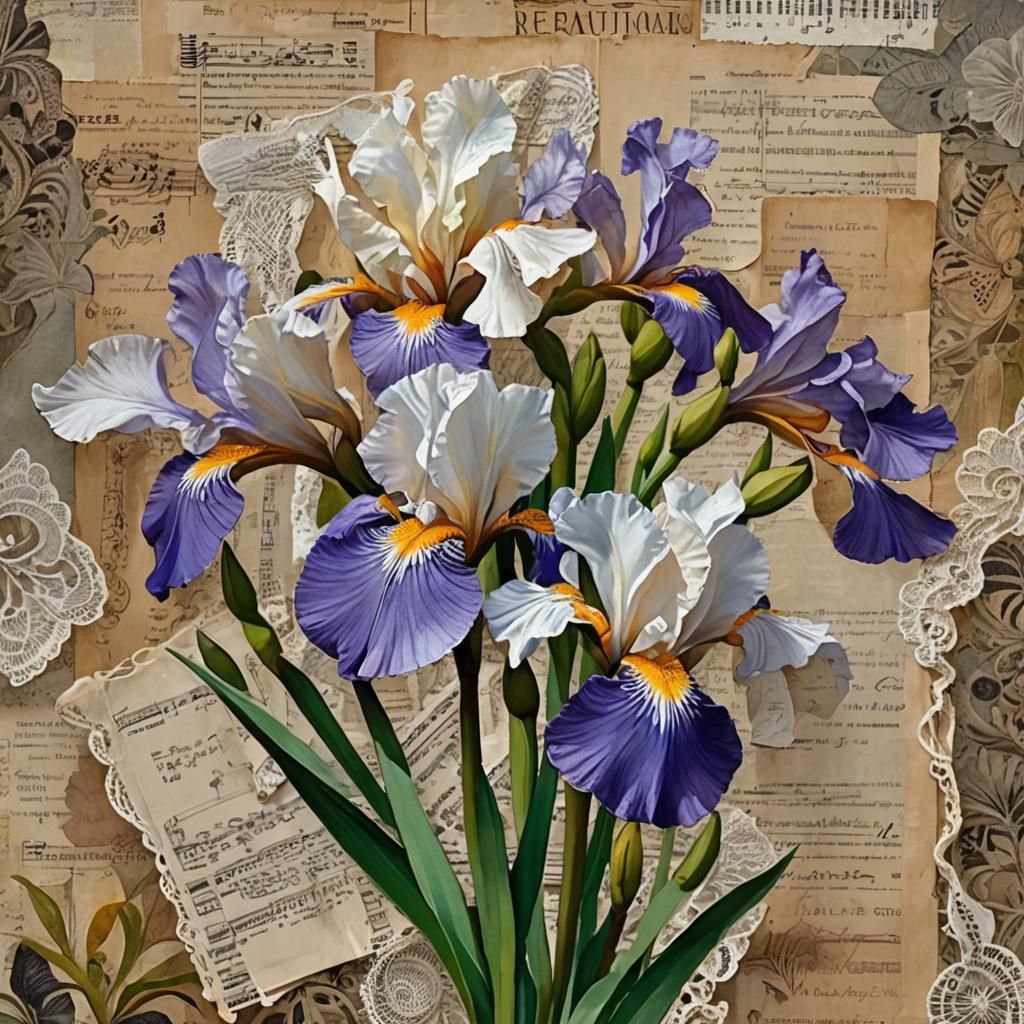 Luminous Iris Collage in Vibrant Mixed Media