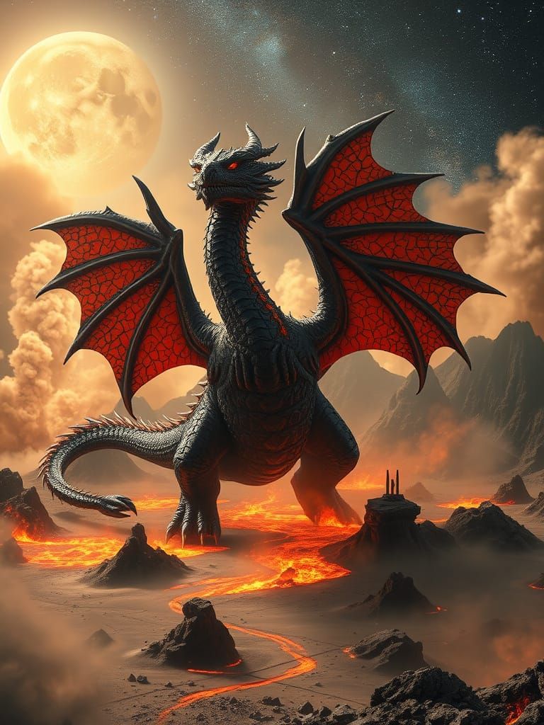 Ethereal Obsidian Dragon Soars Amidst Volcanic Inferno