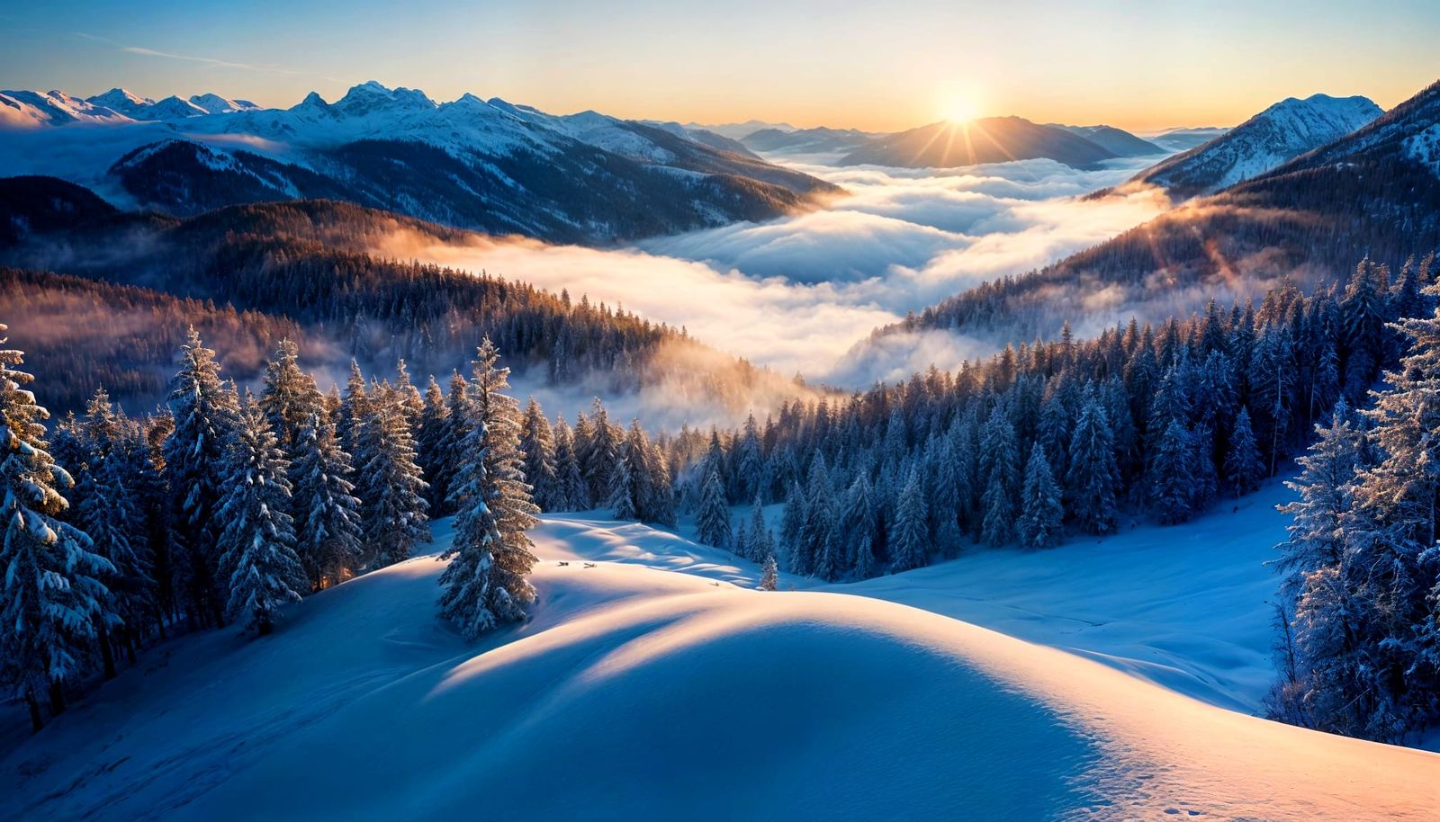 Winter Sunrise Over Foggy Forest in Hyperrealism