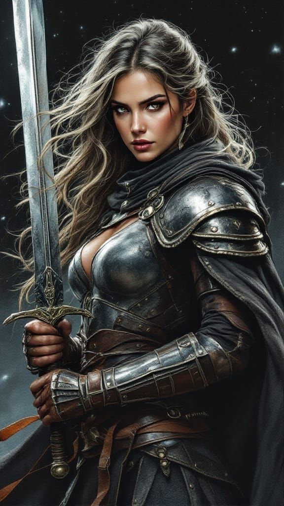 Regal Warrior Woman in Dark, Moonless Night