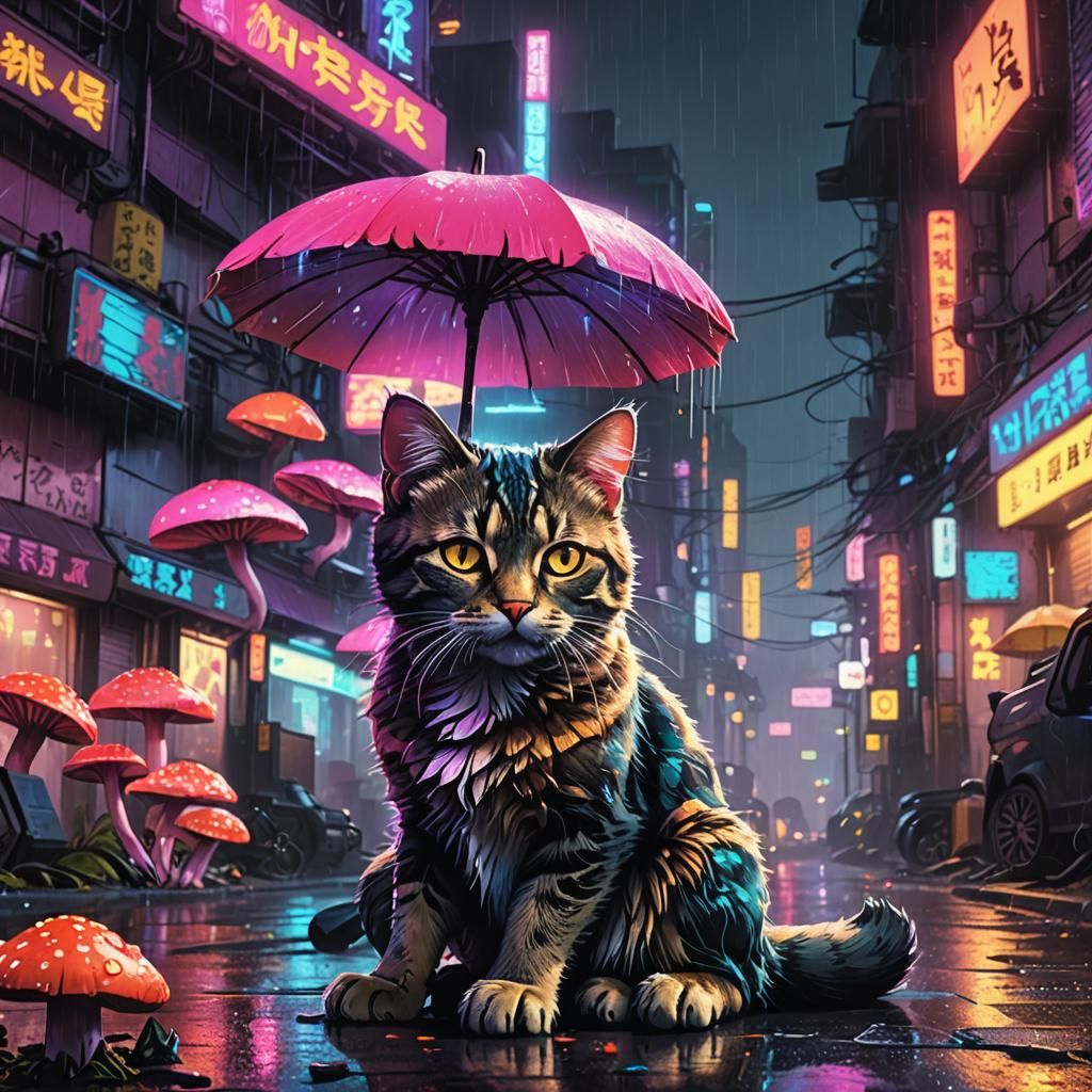 Cyberpunk Cat on Glowing Mushrooms in Neon City