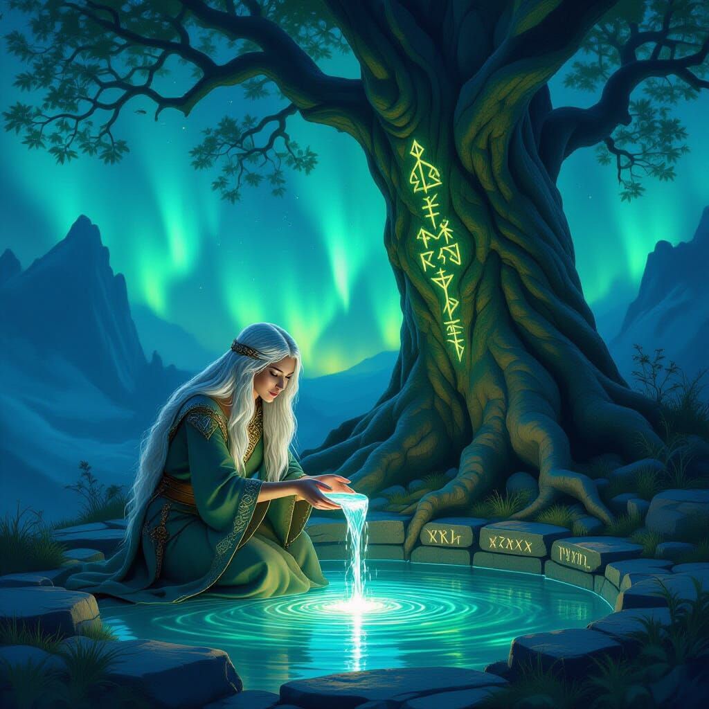 Norn Urd Beside Well of Fate Under Yggdrasil