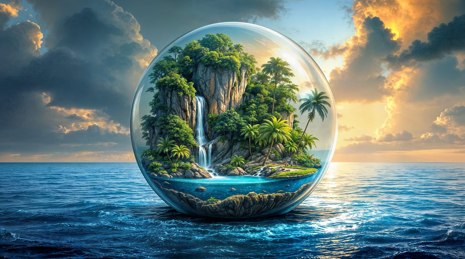 Hyperrealistic Tropical Island Oasis in a Glass Sphere