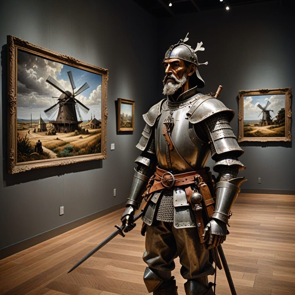 Don Quixote Contemplates Modern Windmill Art in a Museum