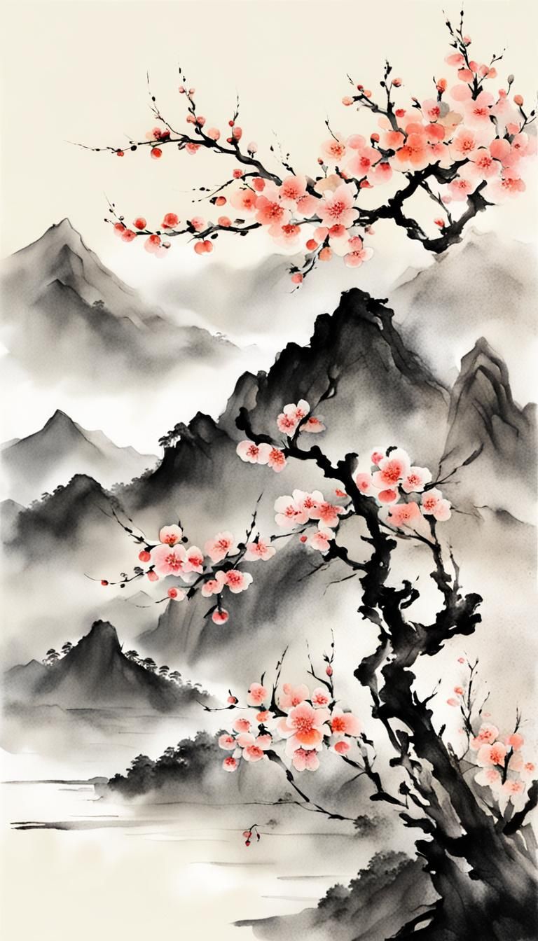 Minimalist Apricot Blossom Chinese Ink Painting