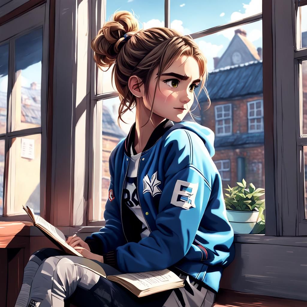 Anime Girl Reading in Window Seat
