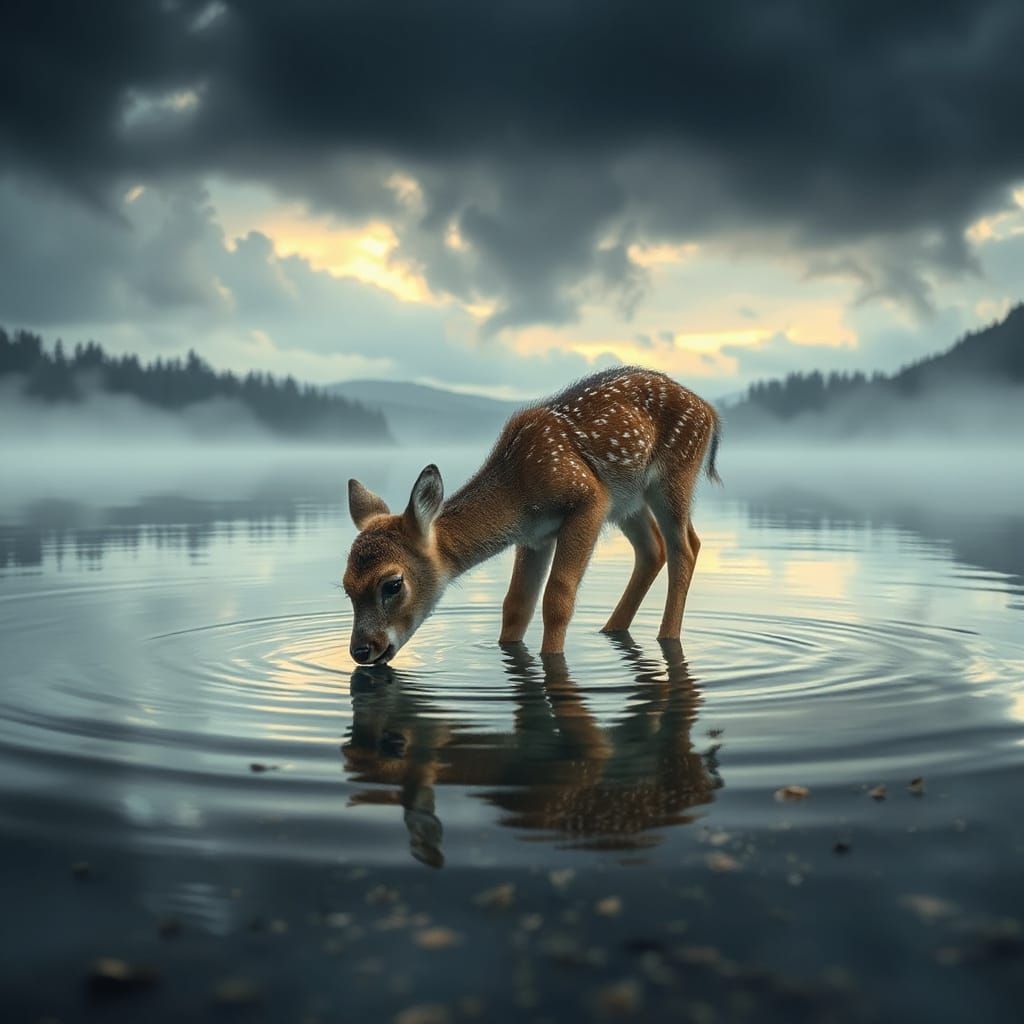 bird's eye view "A realistic photo reflecting in a lake , of...