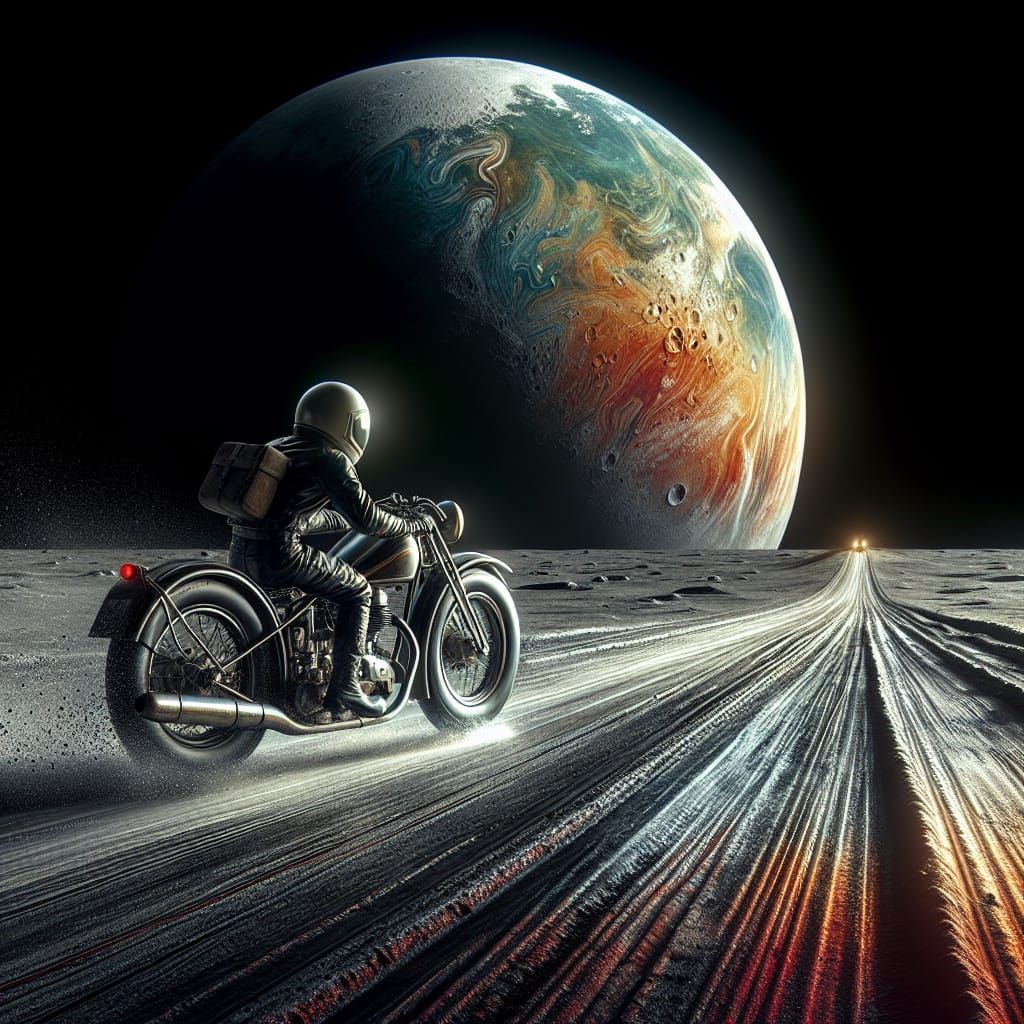 Biker on the Moon in Hyperrealistic Splash Art