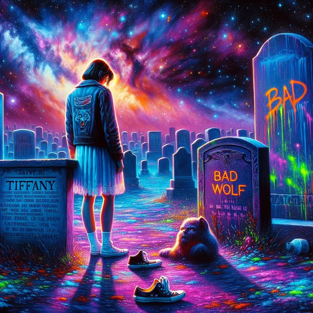 Grieving Woman at Bad Wolf Gravestone in Impasto Style