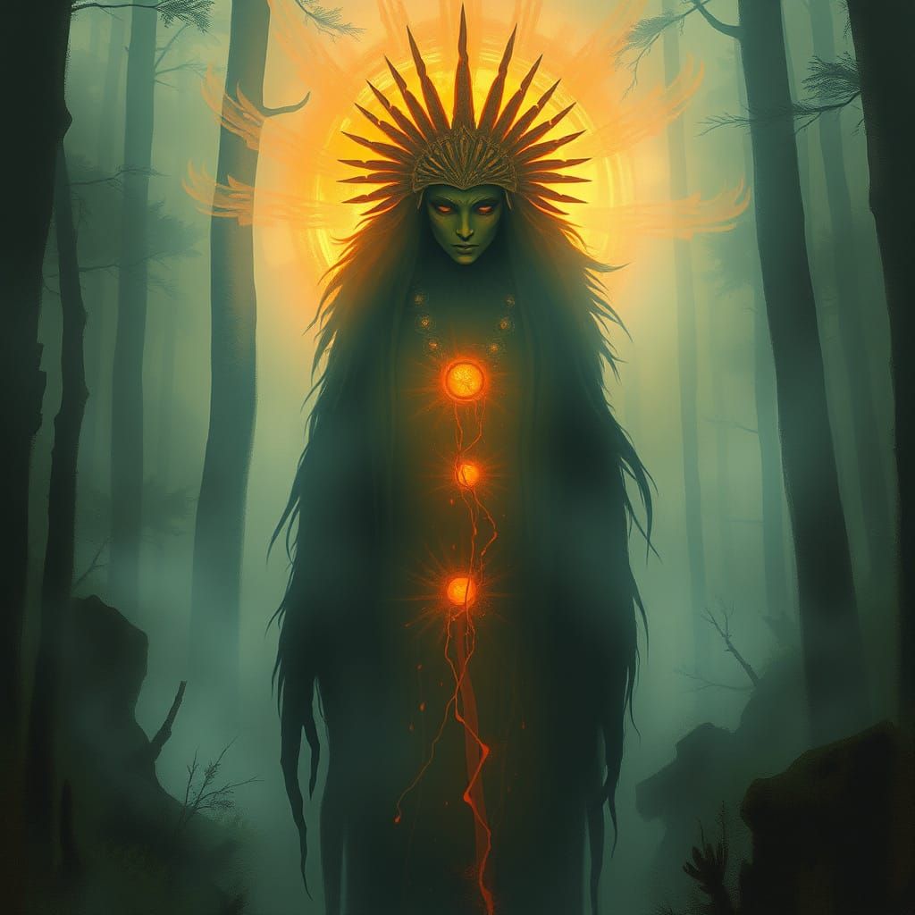 Ethereal Native Figure in Mystical Forest