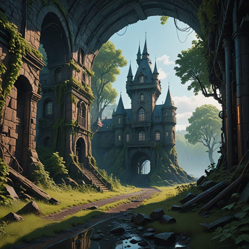 Majestic Castle Ruins in a Labyrinthine Tunnel System