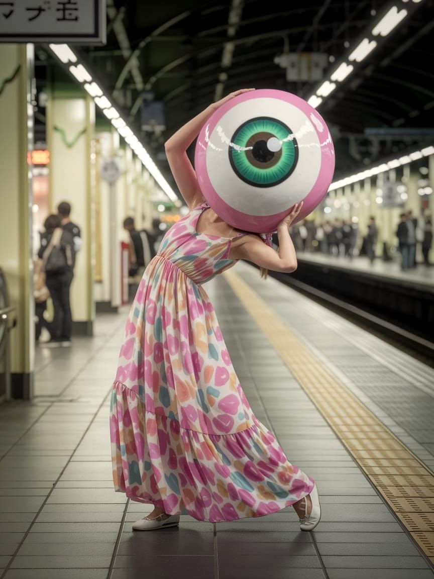Woman in Girly Dress Wears Green Cyclops Mask in Vibrant Fin...