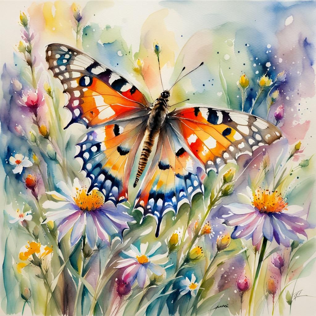 Butterfly on Wildflowers in Watercolour Style