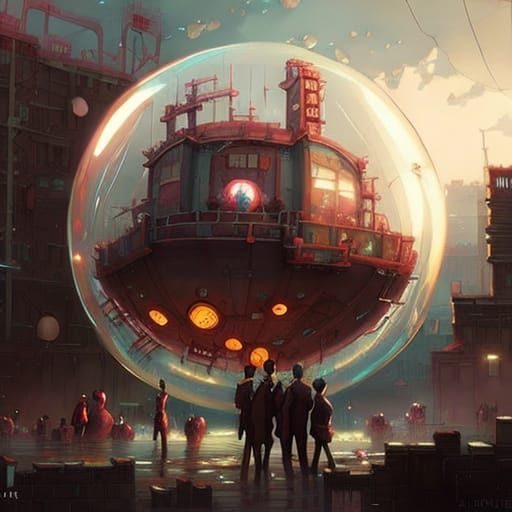 Steampunk City: People Trapped in Giant Floating Bubble