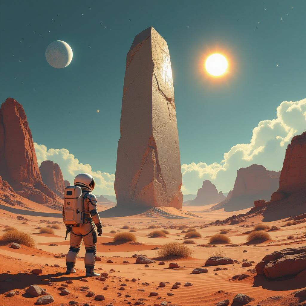 Astronaut Gazes at Alien Monolith Under Twin Suns