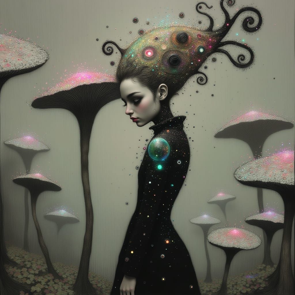 Surreal Dreamscape with Woman and Iridescent Toadstools in C...