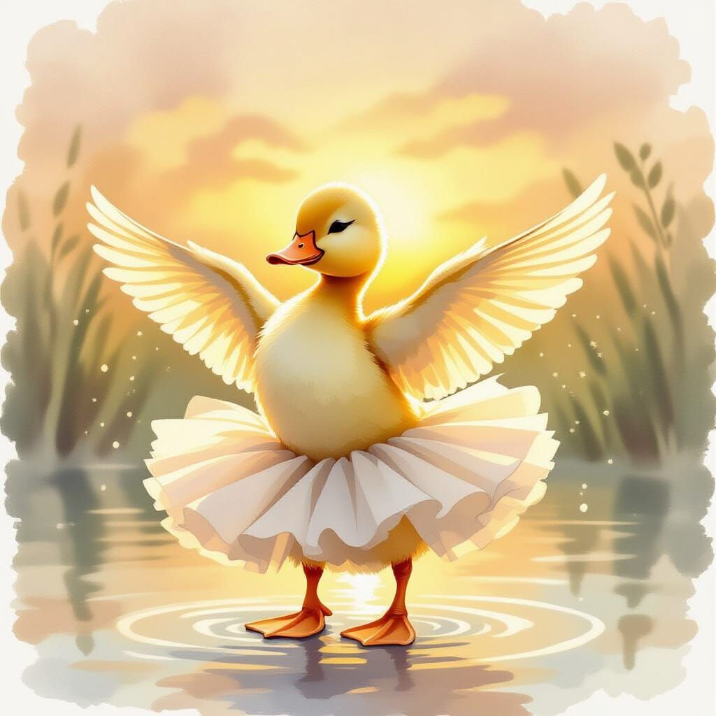 Duckling in Tutu Spins at Sunset: Watercolor Style