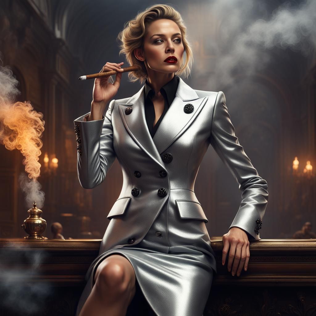 Businesswoman Smoking Cigar in Silver Suit
