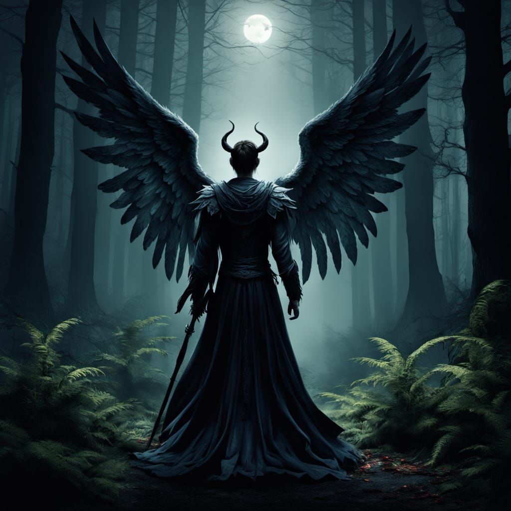 Angel and Demon Confrontation in a Dark, Mystical Forest