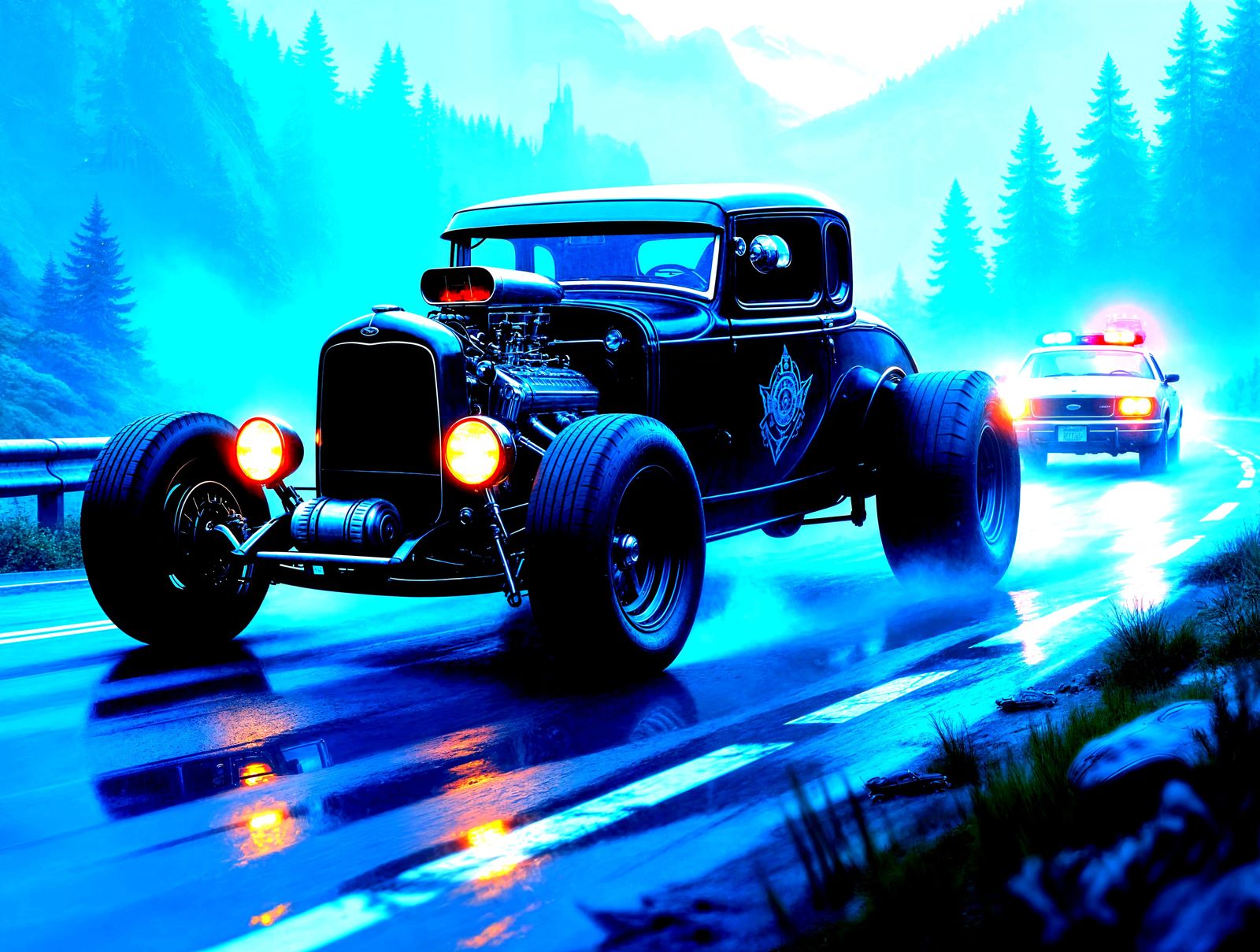 1928 Ford Hot Rod Outrunning Race Cars in Misty Mountains
