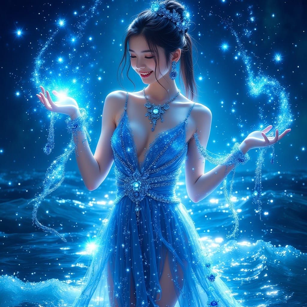 Enchantress Casting Spell in Ocean, Magical-Realism Style