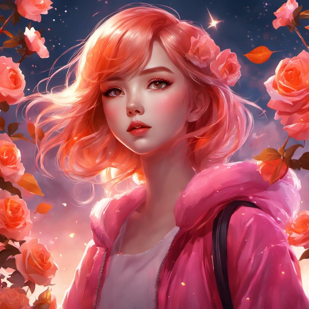 Cute Girl Digital Illustration with Roses and Sparkles