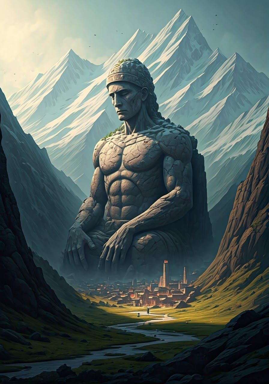 Colossal Stone Figure in Misty Valley Landscape