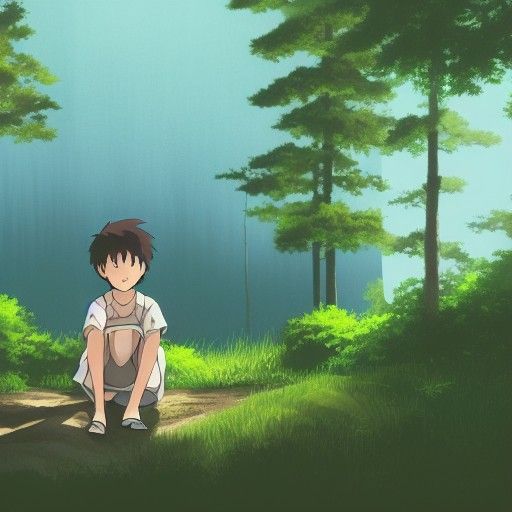 Boy with Axe in Forest, Studio Ghibli Style