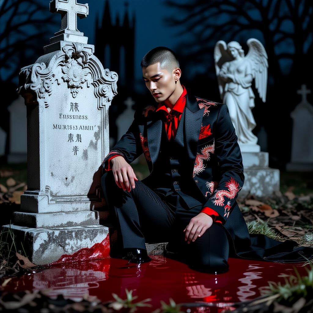 Vampire in Graveyard as Pre-Raphaelite Painting