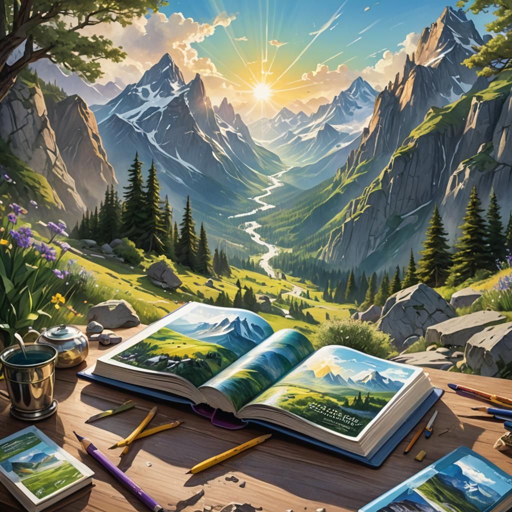 Mountain Landscape Travel Magazine Cover in Dark Fantasy Sty...