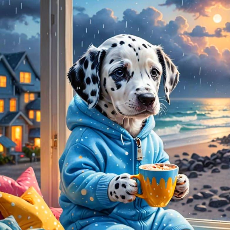 Adorable Dalmatian Puppy on Stormy Beach