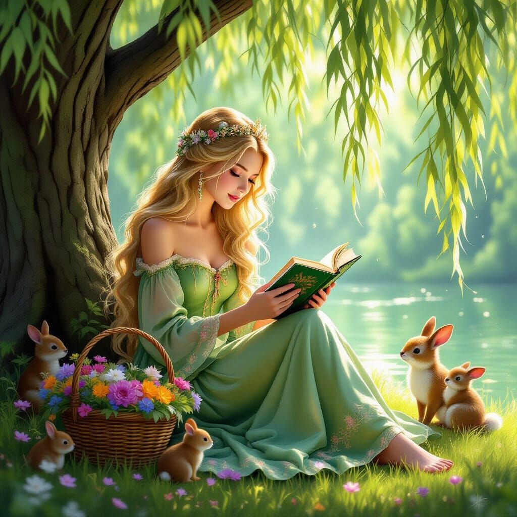 Golden Princess Reading Under Willow Tree