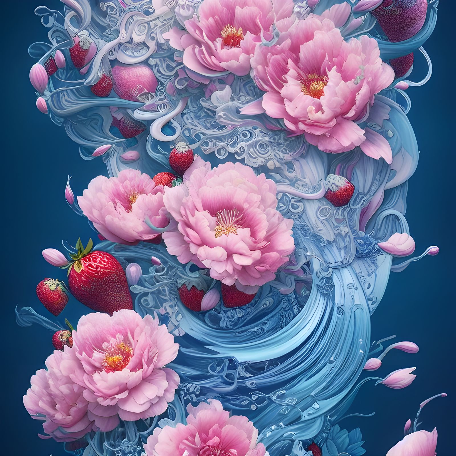 Strawberry Winds with Blue Peonies Ink Illustration