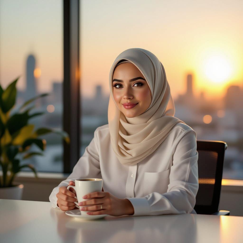 Hijabi Professional Enjoys Coffee in Sunlit Office